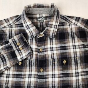 Eddie Bauer Men XL Flannel Shirt‎ Black Gray Plaid Long Sleeve Button Up Cotton